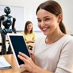 ** A Polish classroom scene. A teacher smiles as an AI-powered interface displays personalized learning plans for each student on their tablets. In the background, a robot assists with grading papers, freeing the teacher to interact more with individual students. Emphasize a bright, optimistic atmosphere.

**