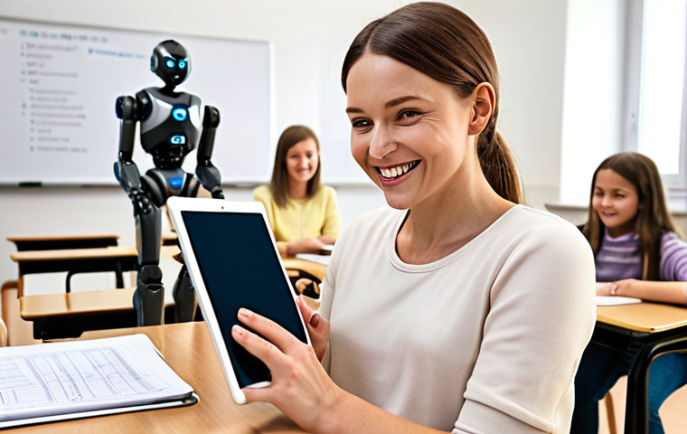 ** A Polish classroom scene. A teacher smiles as an AI-powered interface displays personalized learning plans for each student on their tablets. In the background, a robot assists with grading papers, freeing the teacher to interact more with individual students. Emphasize a bright, optimistic atmosphere.

**