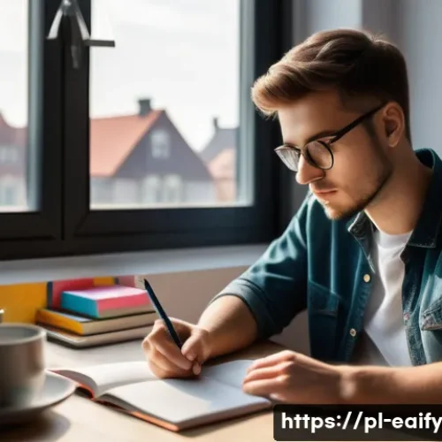 Home 33 자기 교정 학습 프로세스에 대한 전문가의 조언 - A focused young adult student sitting at a cozy desk in a modern Polish apartment, diligently writin...