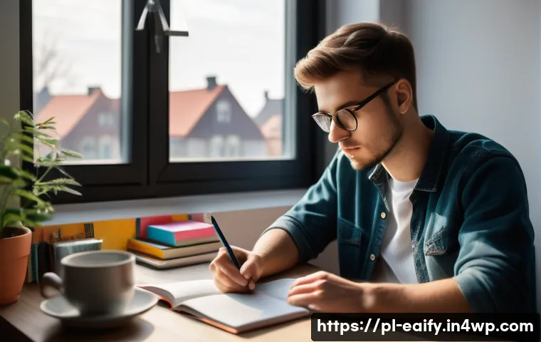 자기 교정 학습 프로세스에 대한 전문가의 조언 - A focused young adult student sitting at a cozy desk in a modern Polish apartment, diligently writin...