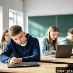 Home 20 자기 교정 학습 프로세스와 학습 성과 간의 상관관계 - A modern classroom scene in Poland featuring a diverse group of young adult students using laptops w...