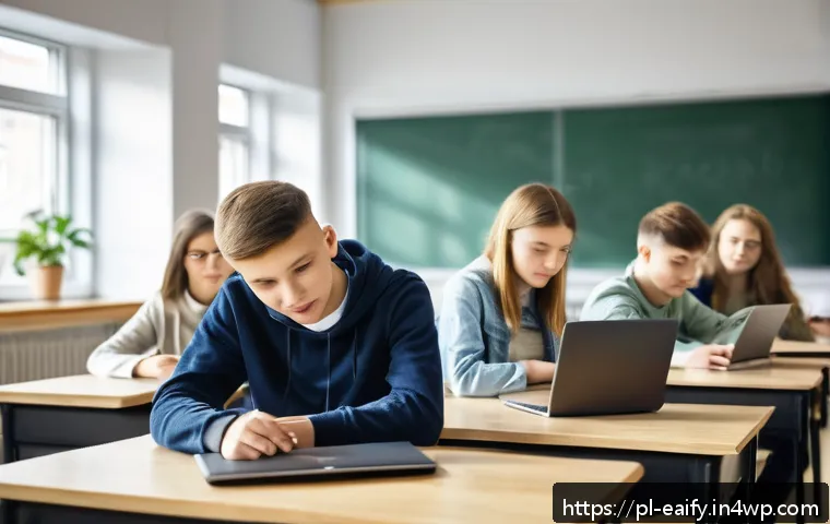 자기 교정 학습 프로세스와 학습 성과 간의 상관관계 - A modern classroom scene in Poland featuring a diverse group of young adult students using laptops w...