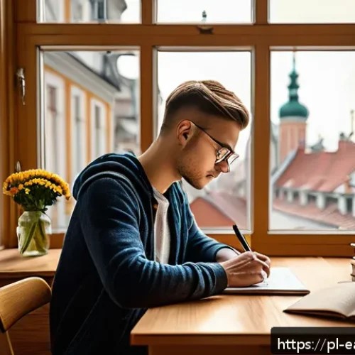 Home 31 자기 교정 학습 프로세스와 자기 효능감의 관계 - A focused young adult sitting at a tidy wooden desk in a cozy, well-lit study room in Poland, surrou...