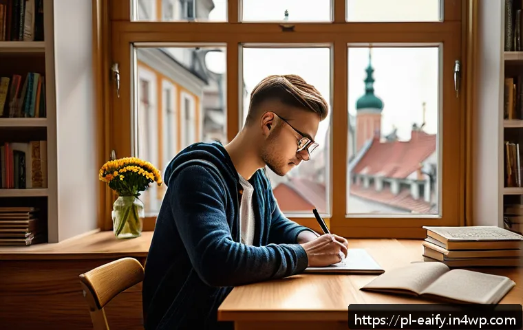 자기 교정 학습 프로세스와 자기 효능감의 관계 - A focused young adult sitting at a tidy wooden desk in a cozy, well-lit study room in Poland, surrou...