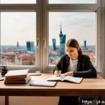 Home 18 자기 교정 학습 프로세스의 사례 분석 - A cozy modern study room in a Polish apartment, featuring a young adult seated at a wooden desk with...