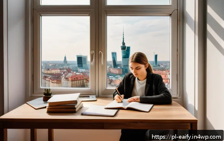 자기 교정 학습 프로세스의 사례 분석 - A cozy modern study room in a Polish apartment, featuring a young adult seated at a wooden desk with...