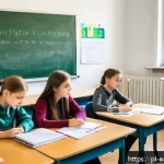 Home 23 자기 교정 학습 프로세스를 활용한 사례 연구 - A modern Polish classroom scene showing a diverse group of students aged around 14-15, sitting at de...