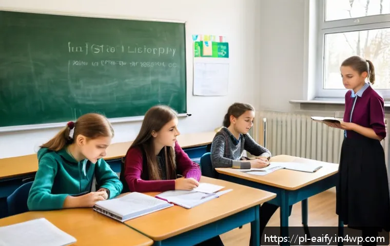 자기 교정 학습 프로세스를 활용한 사례 연구 - A modern Polish classroom scene showing a diverse group of students aged around 14-15, sitting at de...